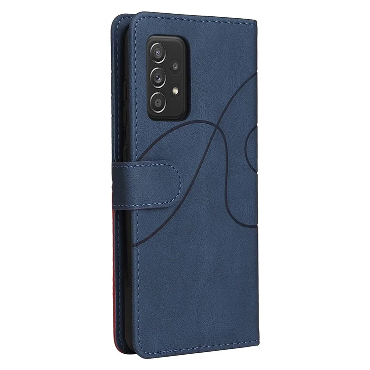 KT Leath Series-1 Stand Caractéristique de Bracelet Bi-couleur Style D'épissage PU Cuir Flip Portefeuille Téléphone Couverture Folio Pour Samsung Galaxy A52 4g / 5G / A52s 5G - Bleu