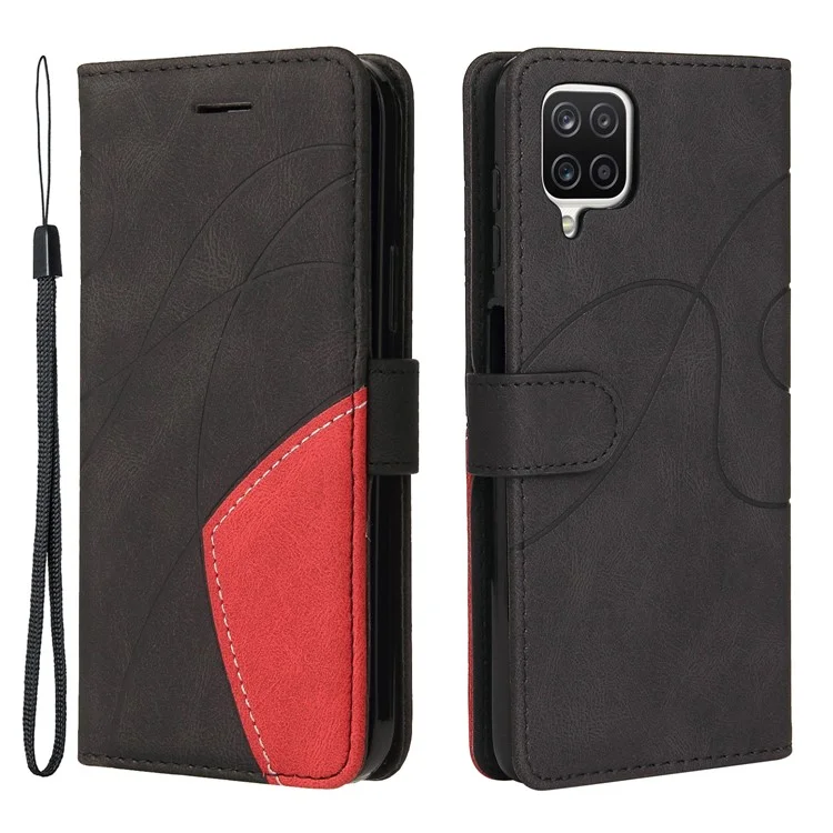 KT Leather Series-1 Bi-color Splicing Design PU Leather Stand Flip Phone Case Wallet Cover with Handy Strap for Samsung Galaxy A12 - Schwarz