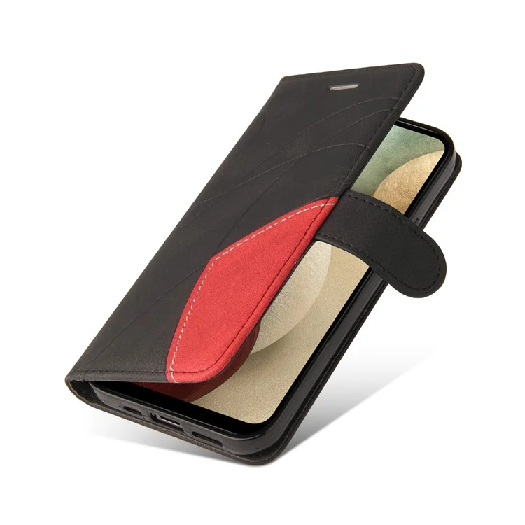 KT Leather Series-1 Bi-color Splicing Design PU Leather Stand Flip Phone Case Wallet Cover with Handy Strap for Samsung Galaxy A12 - Schwarz