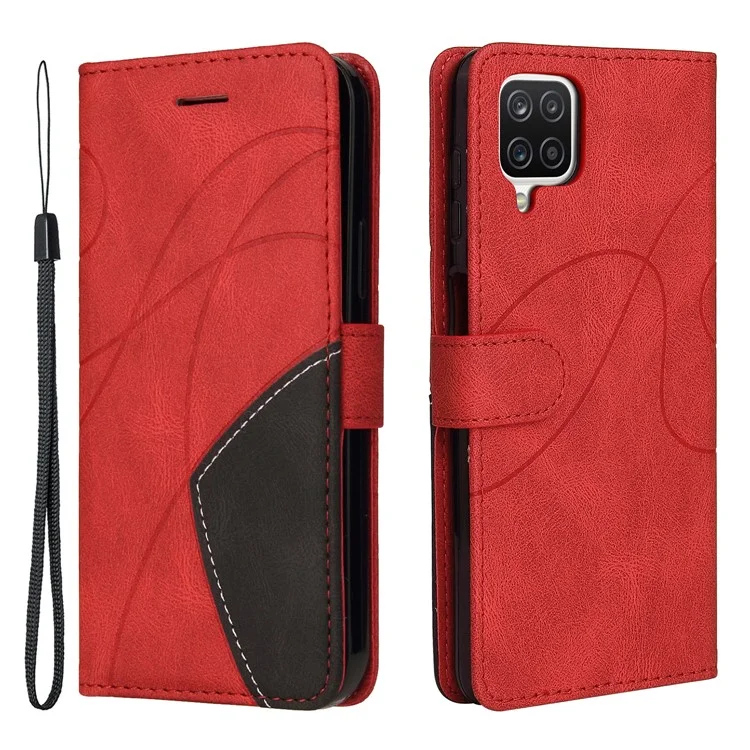 KT Leather Series-1 Bi-color Splicing Design PU Leather Stand Flip Phone Case Wallet Cover with Handy Strap for Samsung Galaxy A12 - Rosso