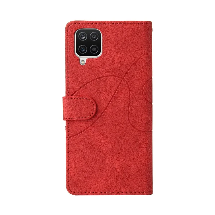 KT Leather Series-1 Bi-color Splicing Design PU Leather Stand Flip Phone Case Wallet Cover with Handy Strap for Samsung Galaxy A12 - Rosso