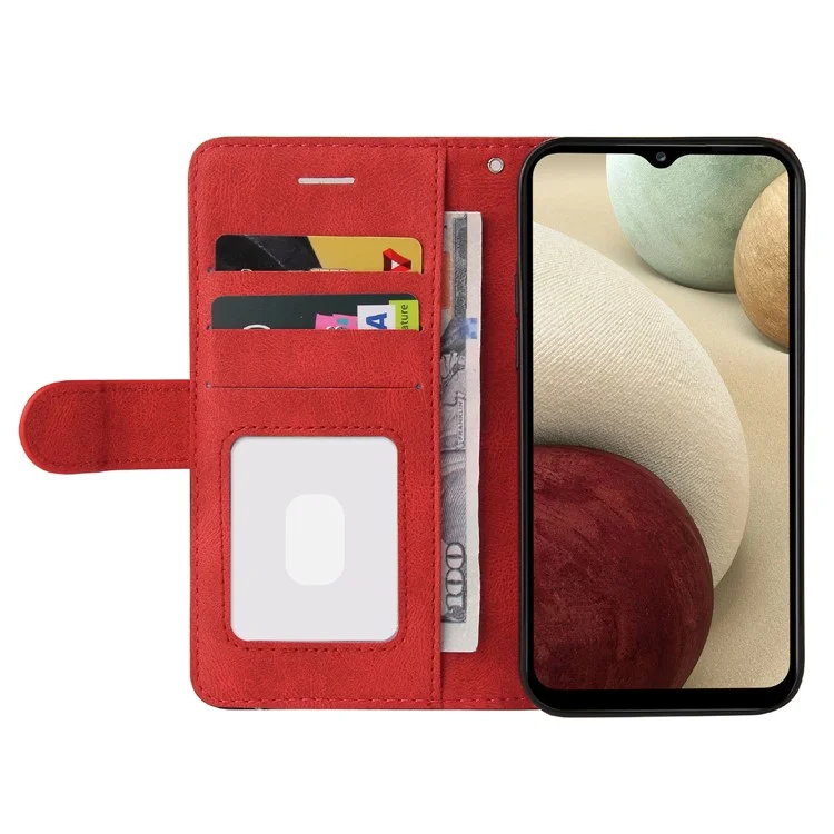 KT Leather Series-1 Bi-color Splicing Design PU Leather Stand Flip Phone Case Wallet Cover with Handy Strap for Samsung Galaxy A12 - Rosso