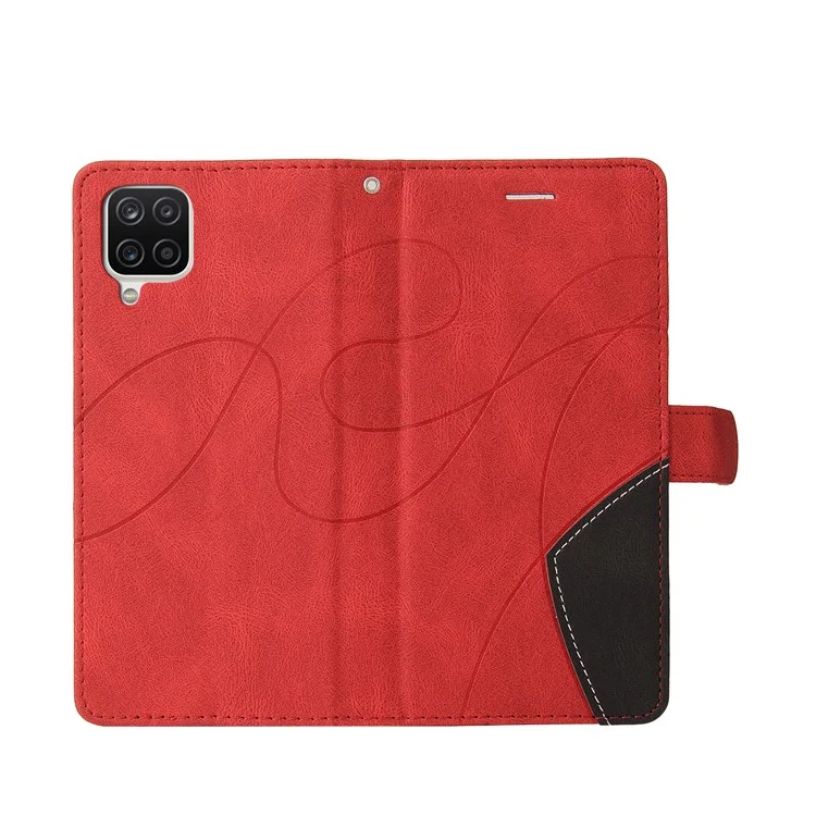 KT Leather Series-1 Bi-color Splicing Design PU Leather Stand Flip Phone Case Wallet Cover with Handy Strap for Samsung Galaxy A12 - Rosso