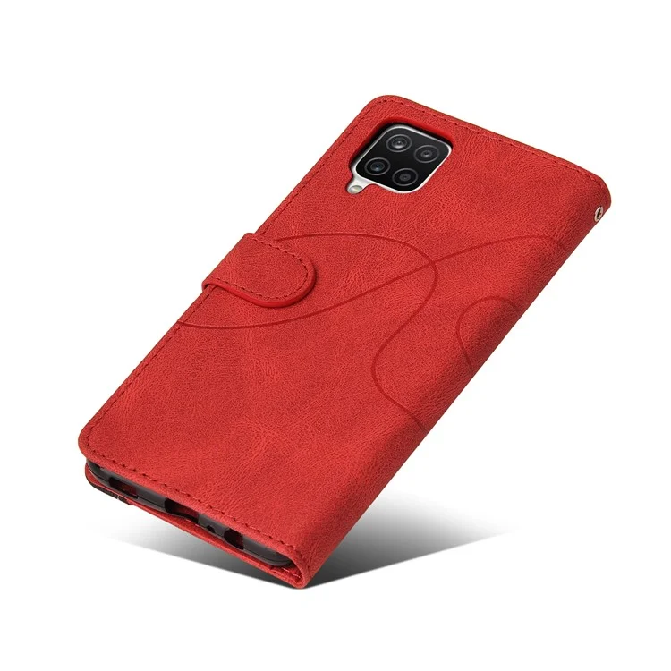 KT Leather Series-1 Bi-color Splicing Design PU Leather Stand Flip Phone Case Wallet Cover with Handy Strap for Samsung Galaxy A12 - Rosso