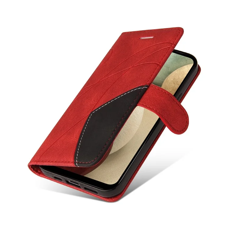 KT Leather Series-1 Bi-color Splicing Design PU Leather Stand Flip Phone Case Wallet Cover with Handy Strap for Samsung Galaxy A12 - Rosso