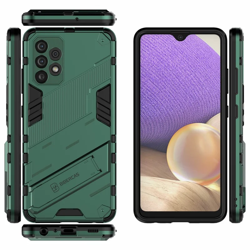 Full Body Heavy Duty Hybrid Hard PC Soft TPU Shockproof Protective Cover with Folding Kickstand for Samsung Galaxy A32 4G (EU Version) - Green