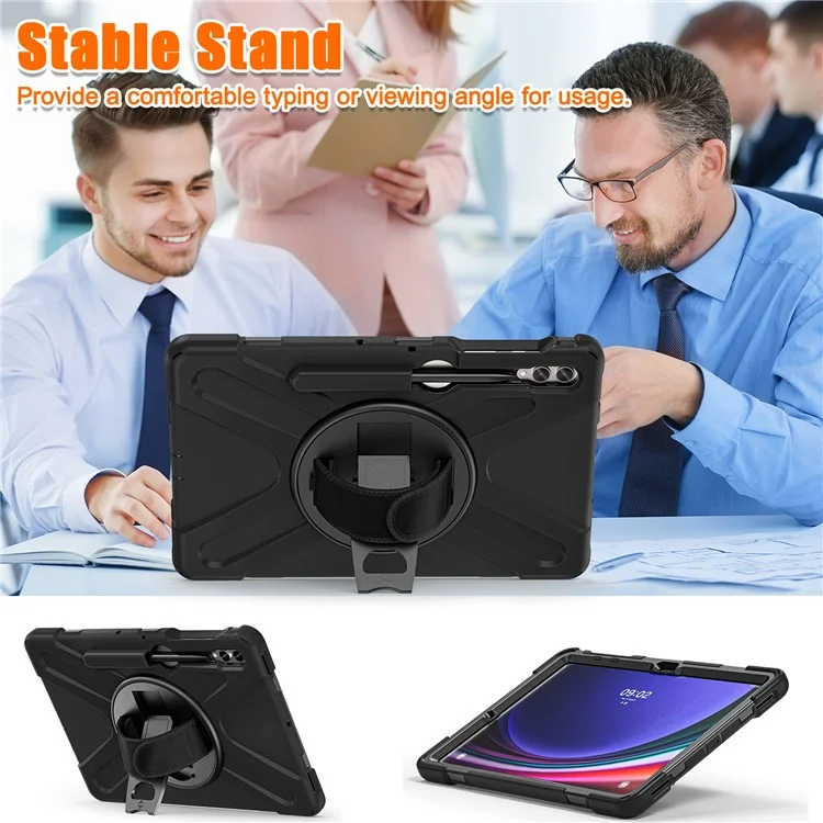 Cubierta Híbrida De La Tableta 360 ° Estuche De Soporte Giratorio Con Banda De Mano + Correa Para El Hombro Para Samsung Galaxy Tab S7 FE T730 / T735 / T736B / T736N - Negro Negro