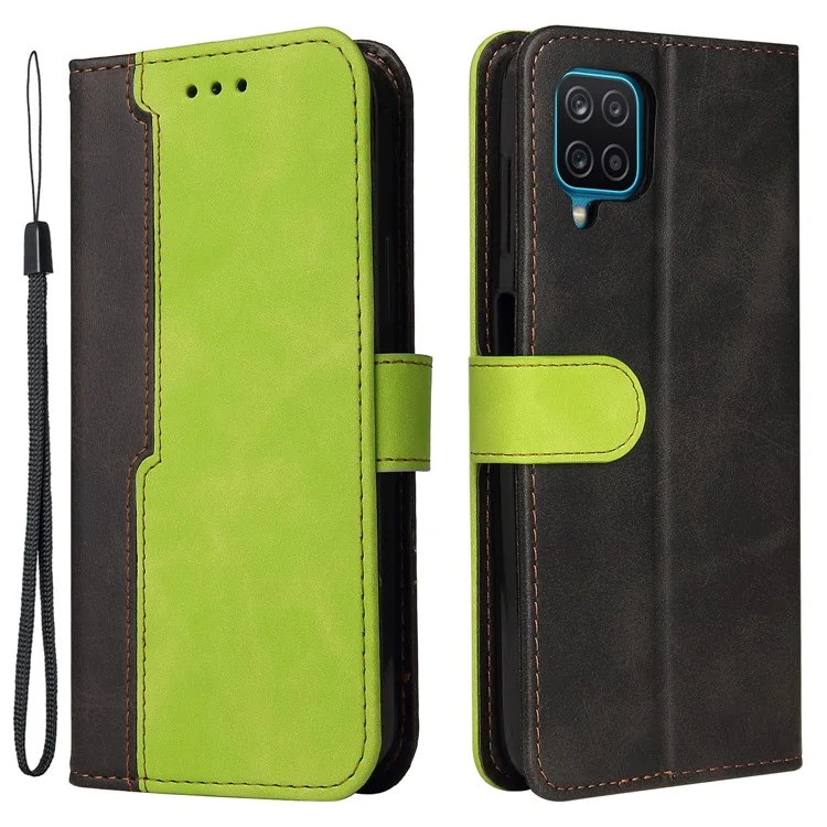 Funda de cartera de piel de poliuretano con diseño bicolor y correa de muñeca para Samsung Galaxy A12/M12/F12 - Verde