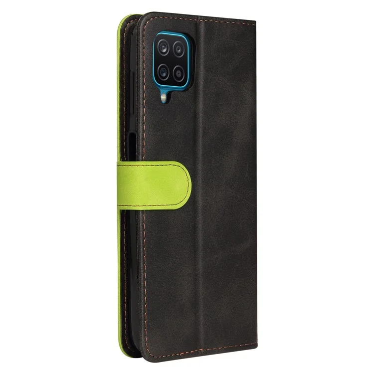 Funda de cartera de piel de poliuretano con diseño bicolor y correa de muñeca para Samsung Galaxy A12/M12/F12 - Verde