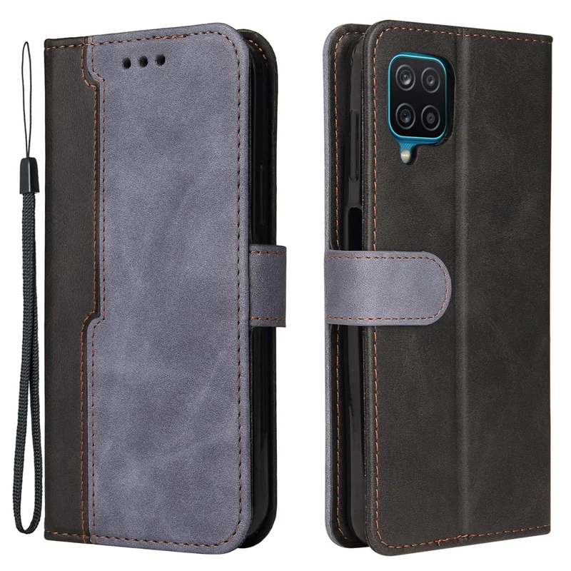 Bi-color Splicing Design PU Leather Wallet Stand Phone Case Protector with Wrist Strap for Samsung Galaxy A12/M12/F12 - Grey