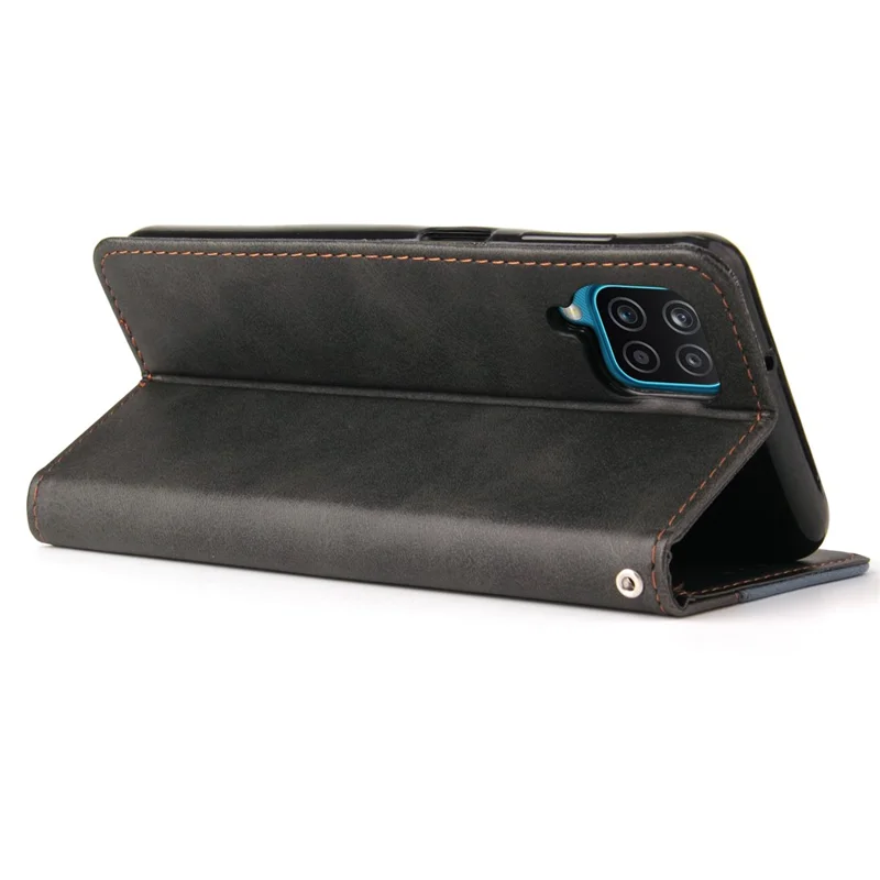 Bi-color Splicing Design PU Leather Wallet Stand Phone Case Protector with Wrist Strap for Samsung Galaxy A12/M12/F12 - Grey