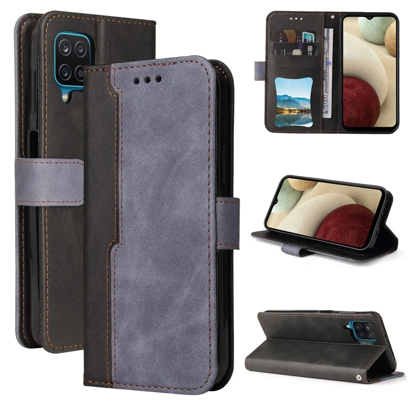 Bi-color Splicing Design PU Leather Wallet Stand Phone Case Protector with Wrist Strap for Samsung Galaxy A12/M12/F12 - Grey