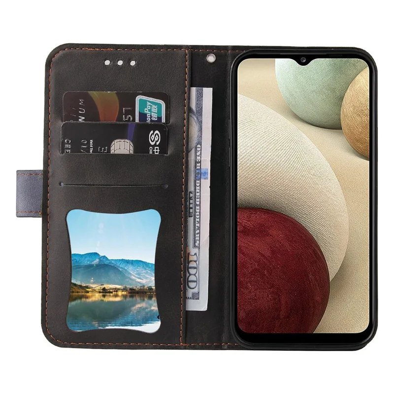 Bi-color Splicing Design PU Leather Wallet Stand Phone Case Protector with Wrist Strap for Samsung Galaxy A12/M12/F12 - Grey