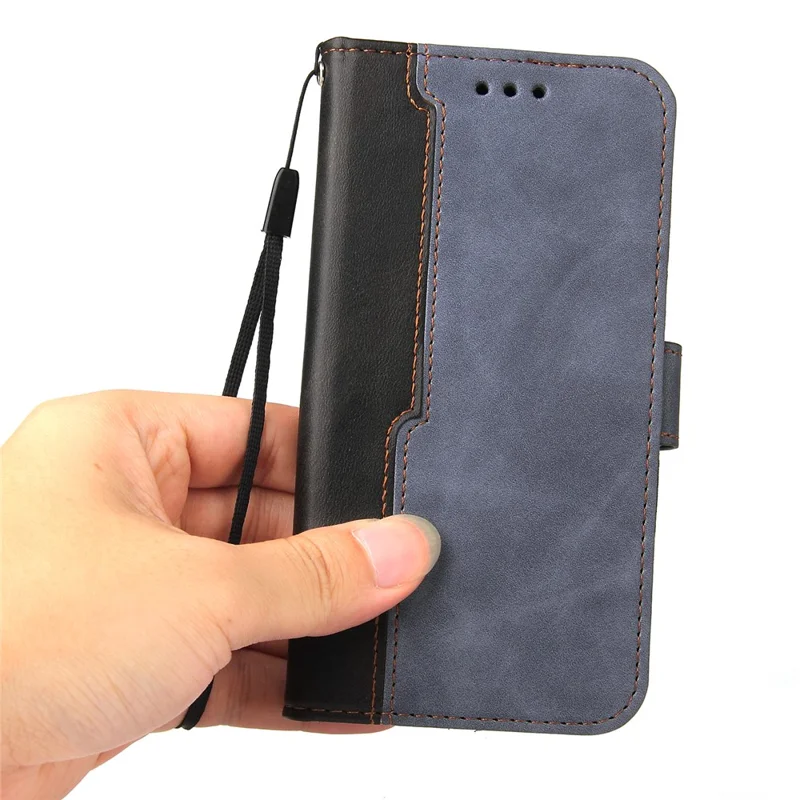 Bi-color Splicing Design PU Leather Wallet Stand Phone Case Protector with Wrist Strap for Samsung Galaxy A12/M12/F12 - Grey