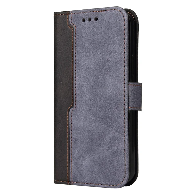 Bi-color Splicing Design PU Leather Wallet Stand Phone Case Protector with Wrist Strap for Samsung Galaxy A12/M12/F12 - Grey