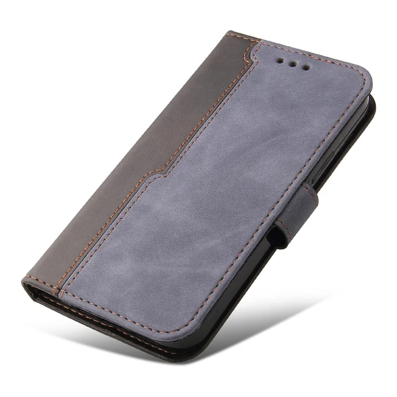 Bi-color Splicing Design PU Leather Wallet Stand Phone Case Protector with Wrist Strap for Samsung Galaxy A12/M12/F12 - Grey