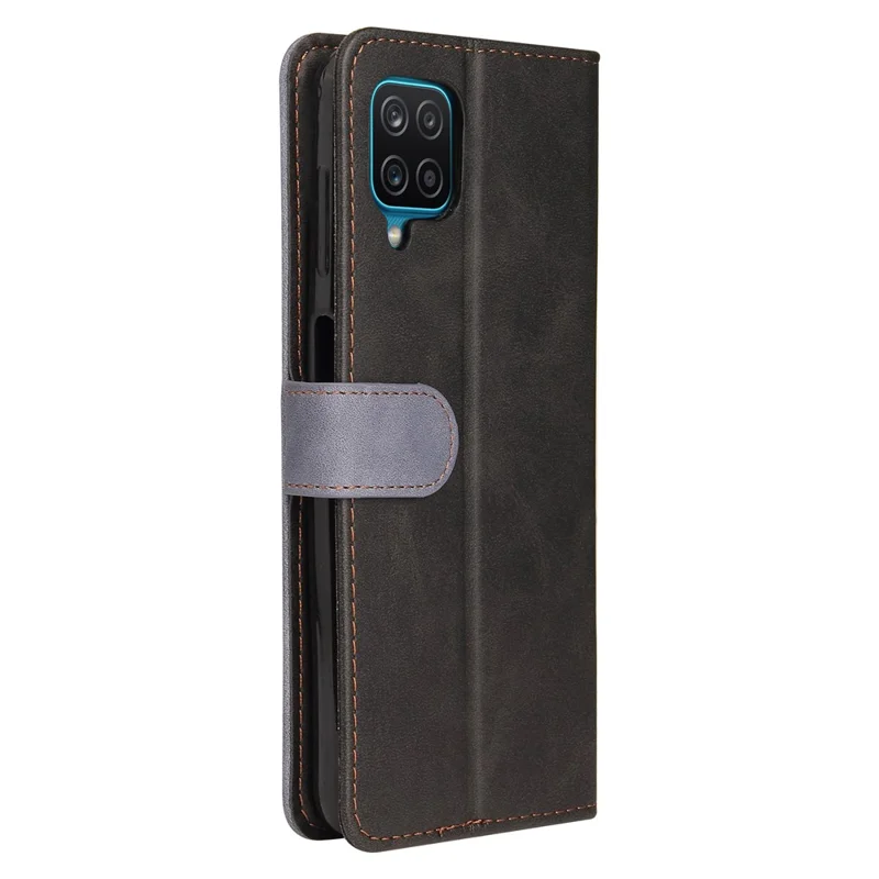 Bi-color Splicing Design PU Leather Wallet Stand Phone Case Protector with Wrist Strap for Samsung Galaxy A12/M12/F12 - Grey