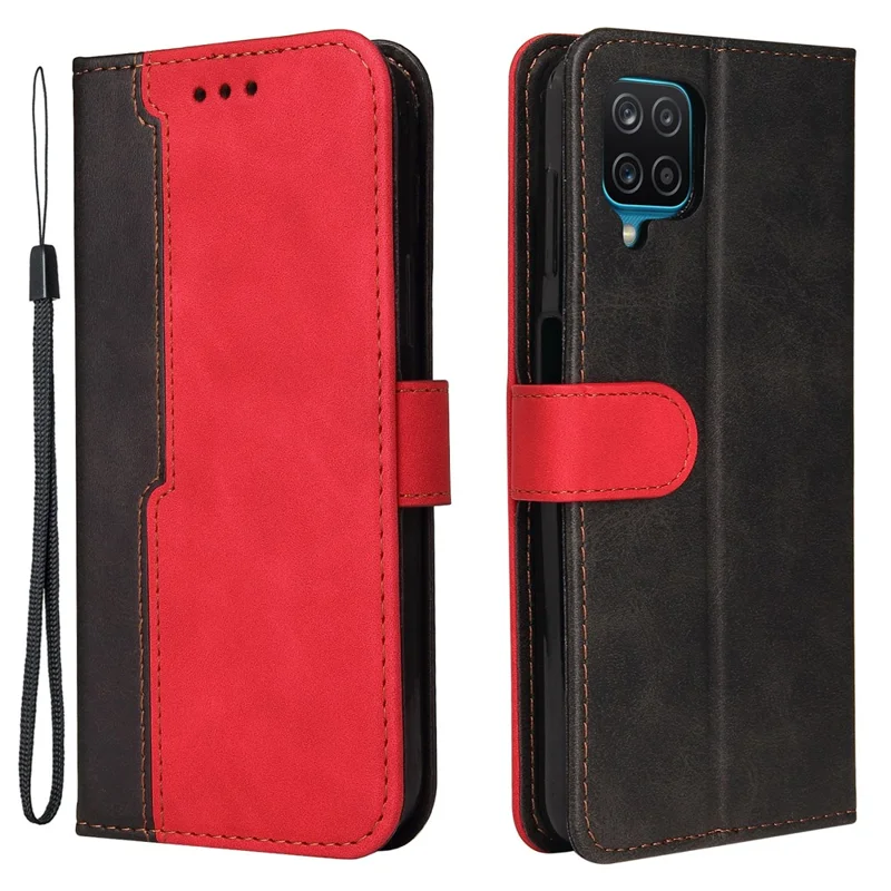 Bi-color Splicing Design PU Leather Wallet Stand Phone Case Protector with Wrist Strap for Samsung Galaxy A12/M12/F12 - Red