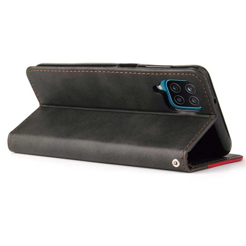 Bi-color Splicing Design PU Leather Wallet Stand Phone Case Protector with Wrist Strap for Samsung Galaxy A12/M12/F12 - Red