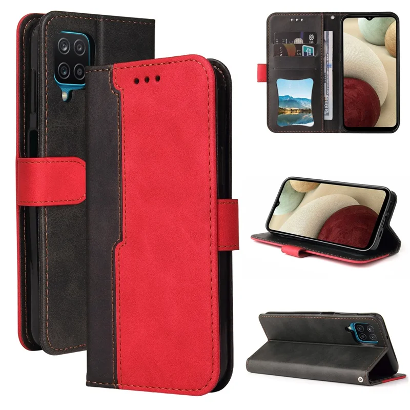 Bi-color Splicing Design PU Leather Wallet Stand Phone Case Protector with Wrist Strap for Samsung Galaxy A12/M12/F12 - Red