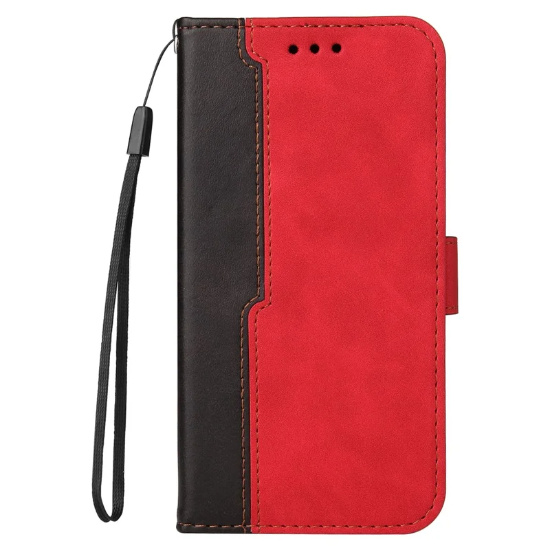Bi-color Splicing Design PU Leather Wallet Stand Phone Case Protector with Wrist Strap for Samsung Galaxy A12/M12/F12 - Red