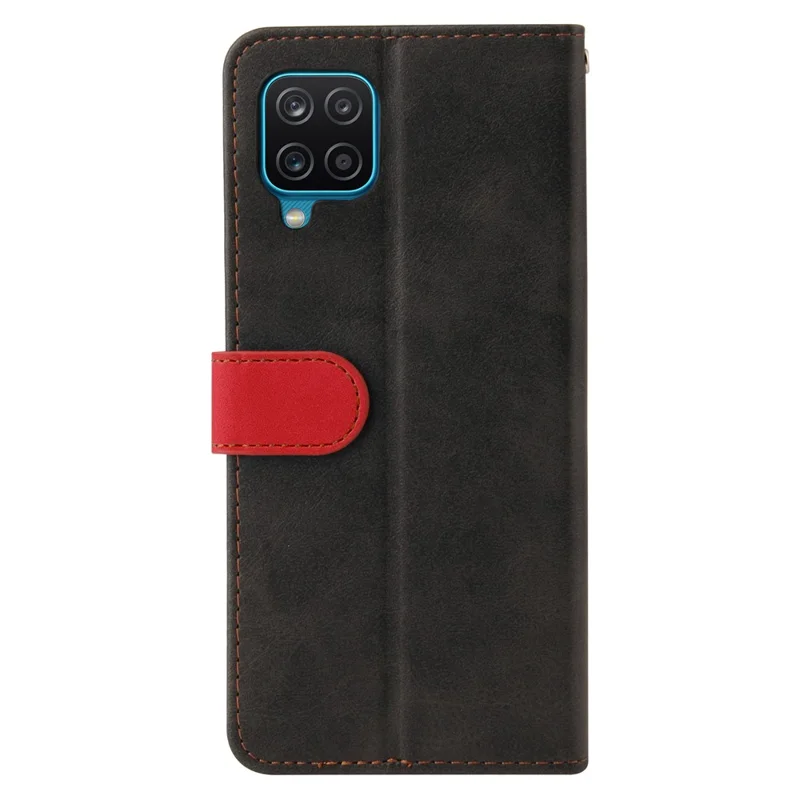 Bi-color Splicing Design PU Leather Wallet Stand Phone Case Protector with Wrist Strap for Samsung Galaxy A12/M12/F12 - Red