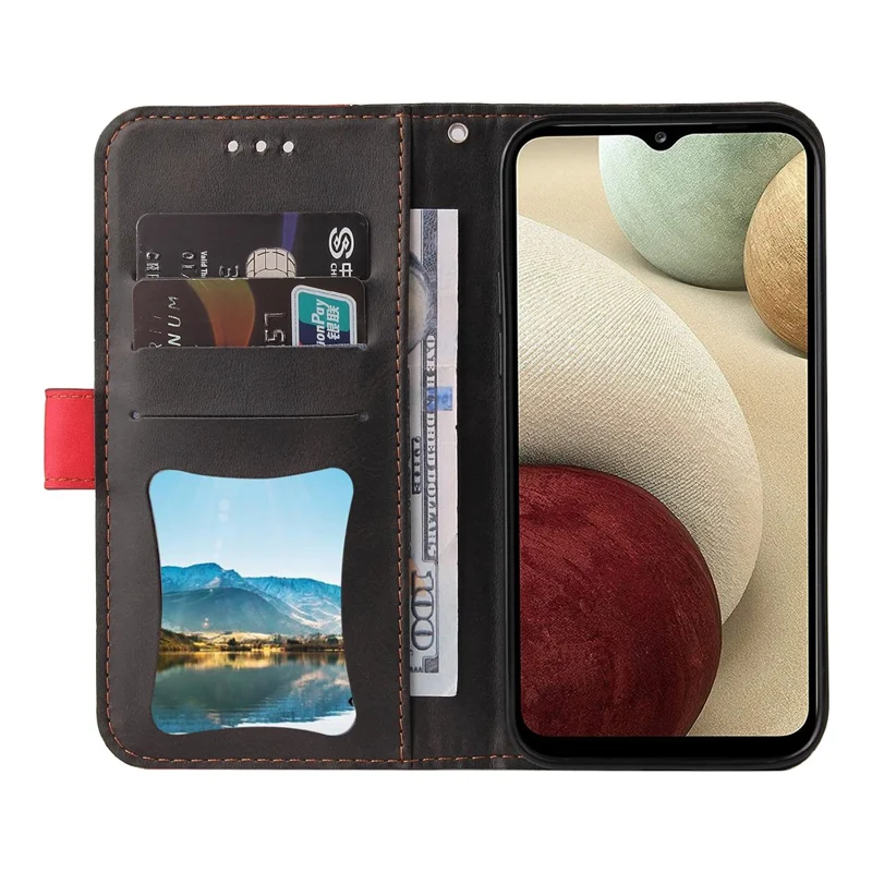 Bi-color Splicing Design PU Leather Wallet Stand Phone Case Protector with Wrist Strap for Samsung Galaxy A12/M12/F12 - Red