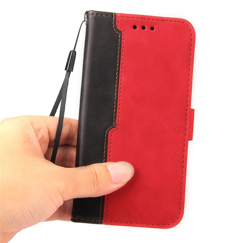 Bi-color Splicing Design PU Leather Wallet Stand Phone Case Protector with Wrist Strap for Samsung Galaxy A12/M12/F12 - Red