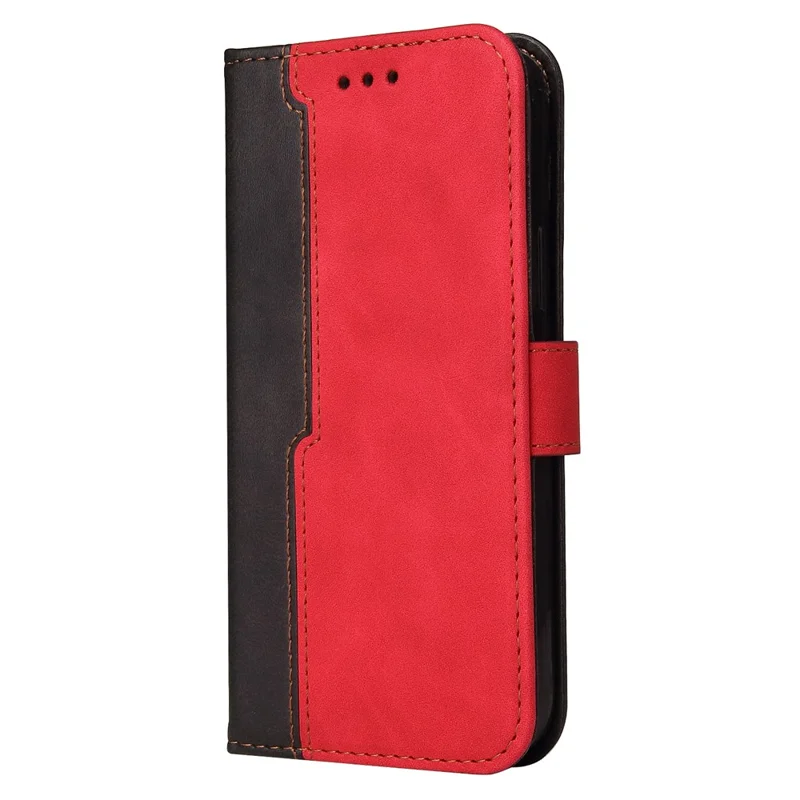 Bi-color Splicing Design PU Leather Wallet Stand Phone Case Protector with Wrist Strap for Samsung Galaxy A12/M12/F12 - Red