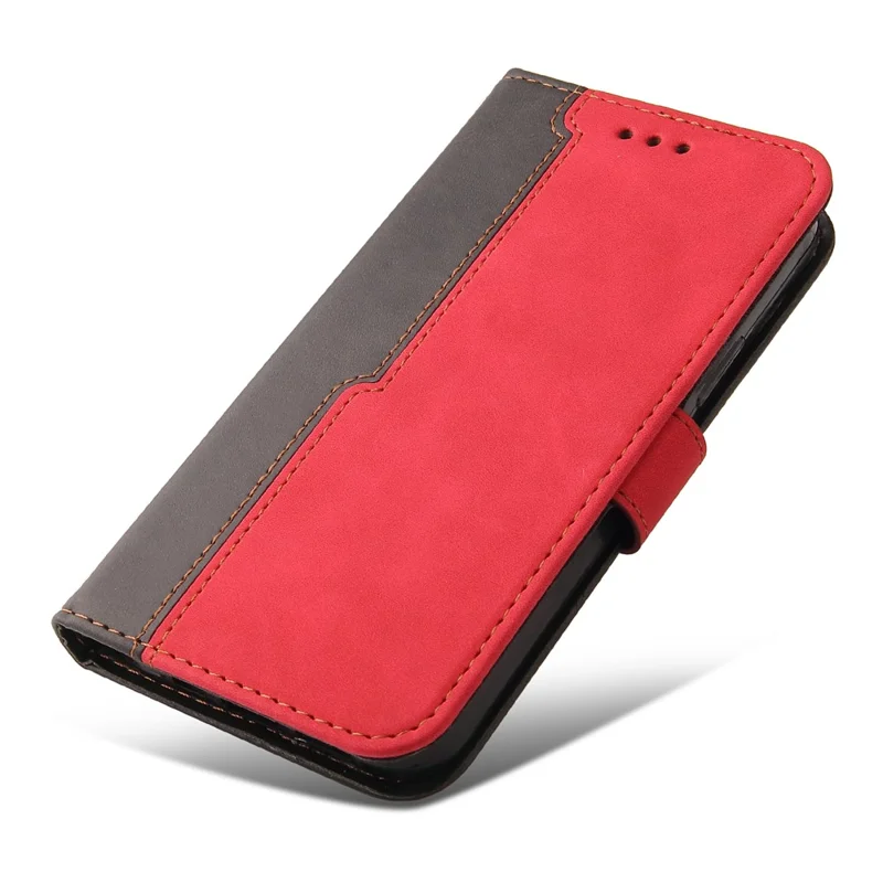 Bi-color Splicing Design PU Leather Wallet Stand Phone Case Protector with Wrist Strap for Samsung Galaxy A12/M12/F12 - Red