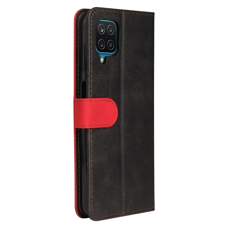 Bi-color Splicing Design PU Leather Wallet Stand Phone Case Protector with Wrist Strap for Samsung Galaxy A12/M12/F12 - Red