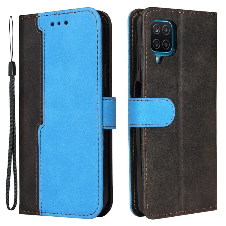 Design D'épissage Bi-couleur pu en Cuir Portefeuille Support de Téléphone Protecteur Avec Bracelet de Poignet Pour Samsung Galaxy A12 / M12 / F12 - Bleu