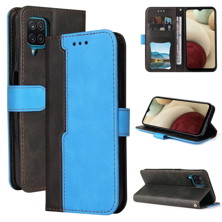 Design D'épissage Bi-couleur pu en Cuir Portefeuille Support de Téléphone Protecteur Avec Bracelet de Poignet Pour Samsung Galaxy A12 / M12 / F12 - Bleu