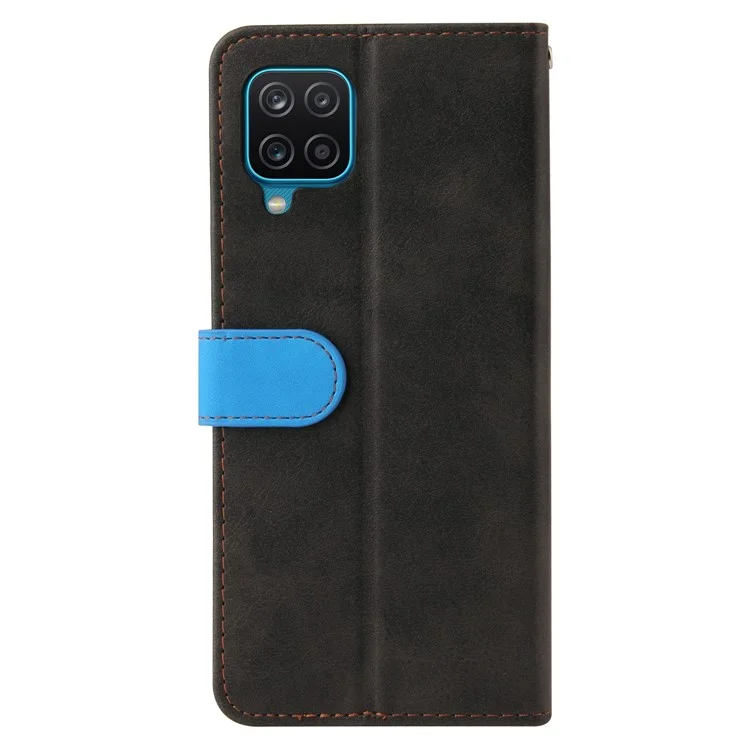 Design D'épissage Bi-couleur pu en Cuir Portefeuille Support de Téléphone Protecteur Avec Bracelet de Poignet Pour Samsung Galaxy A12 / M12 / F12 - Bleu