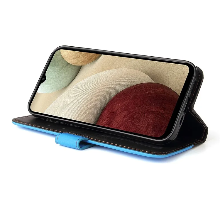 Design D'épissage Bi-couleur pu en Cuir Portefeuille Support de Téléphone Protecteur Avec Bracelet de Poignet Pour Samsung Galaxy A12 / M12 / F12 - Bleu