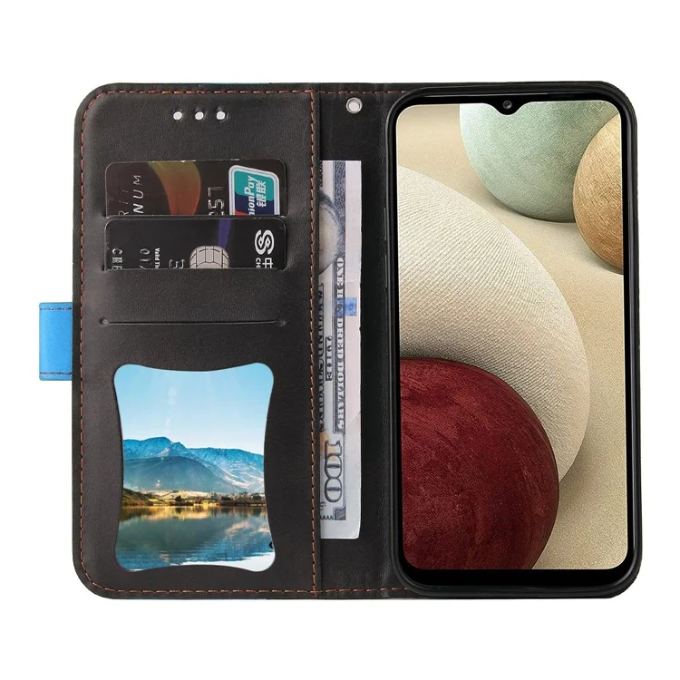 Design D'épissage Bi-couleur pu en Cuir Portefeuille Support de Téléphone Protecteur Avec Bracelet de Poignet Pour Samsung Galaxy A12 / M12 / F12 - Bleu