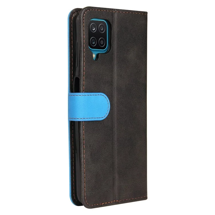 Design D'épissage Bi-couleur pu en Cuir Portefeuille Support de Téléphone Protecteur Avec Bracelet de Poignet Pour Samsung Galaxy A12 / M12 / F12 - Bleu