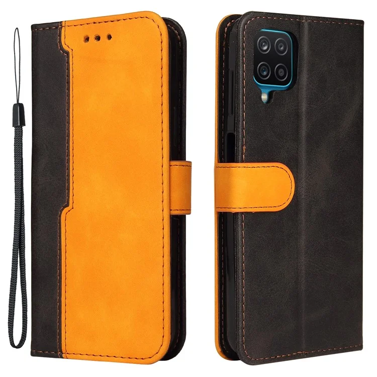 Bi-color Splicing Design PU Leather Wallet Stand Phone Case Protector with Wrist Strap for Samsung Galaxy A12/M12/F12 - Yellow