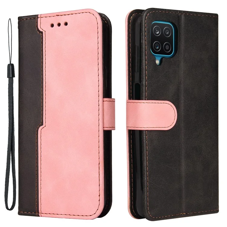 Bio-farben Spleißdesign PU Leder Brieftasche Stand Phone Hülle Protektor Mit Handgelenkriemen Für Samsung Galaxy A12/M12/F12 - Rosa