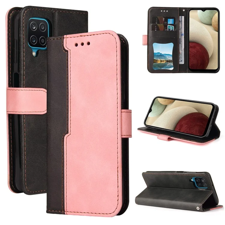 Bio-farben Spleißdesign PU Leder Brieftasche Stand Phone Hülle Protektor Mit Handgelenkriemen Für Samsung Galaxy A12/M12/F12 - Rosa