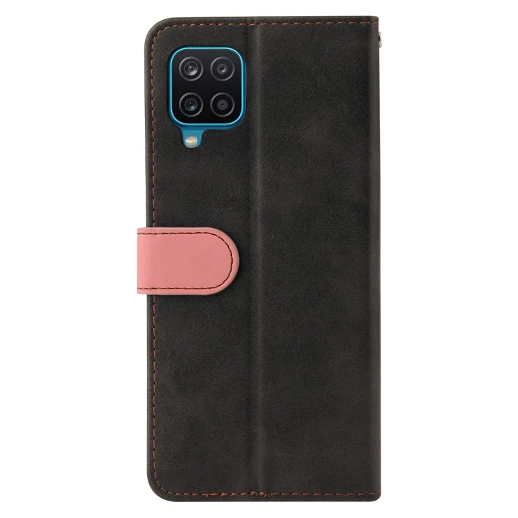 Bio-farben Spleißdesign PU Leder Brieftasche Stand Phone Hülle Protektor Mit Handgelenkriemen Für Samsung Galaxy A12/M12/F12 - Rosa