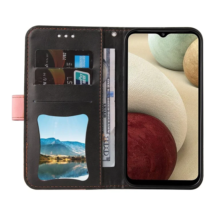 Bio-farben Spleißdesign PU Leder Brieftasche Stand Phone Hülle Protektor Mit Handgelenkriemen Für Samsung Galaxy A12/M12/F12 - Rosa