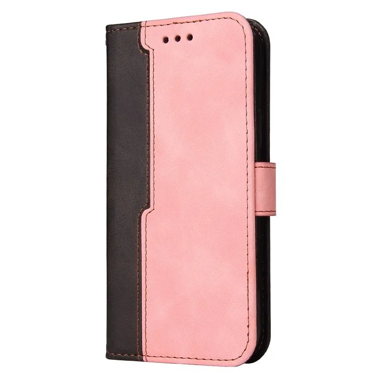 Bio-farben Spleißdesign PU Leder Brieftasche Stand Phone Hülle Protektor Mit Handgelenkriemen Für Samsung Galaxy A12/M12/F12 - Rosa