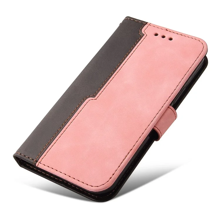 Bio-farben Spleißdesign PU Leder Brieftasche Stand Phone Hülle Protektor Mit Handgelenkriemen Für Samsung Galaxy A12/M12/F12 - Rosa