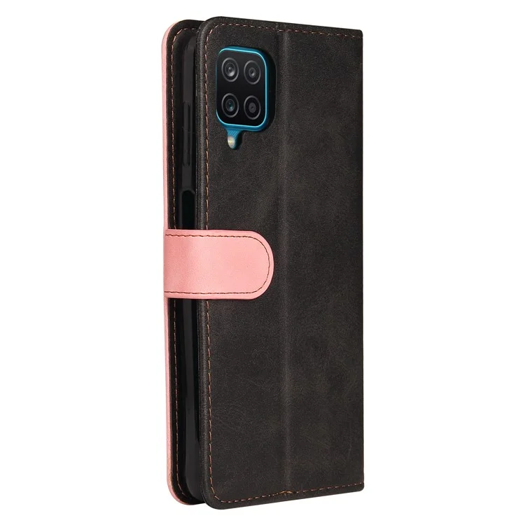 Bio-farben Spleißdesign PU Leder Brieftasche Stand Phone Hülle Protektor Mit Handgelenkriemen Für Samsung Galaxy A12/M12/F12 - Rosa