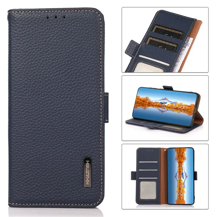 KHAZNEH RFID Blocking Design Litchi Texture Genuine Leather Wallet Case Stand Cover for Samsung Galaxy M32 (Global Version) - Dark Blue