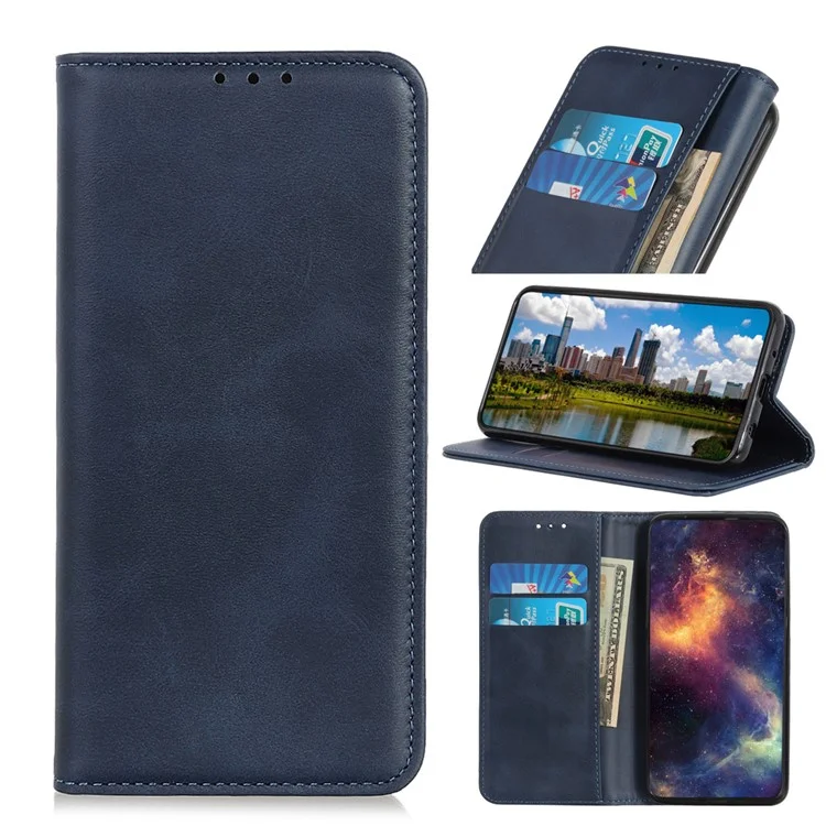 Auto-absorbed Split Leather Magnetic Wallet Phone Stand Shell Case for Samsung Galaxy M32 (Global Version) - Blue