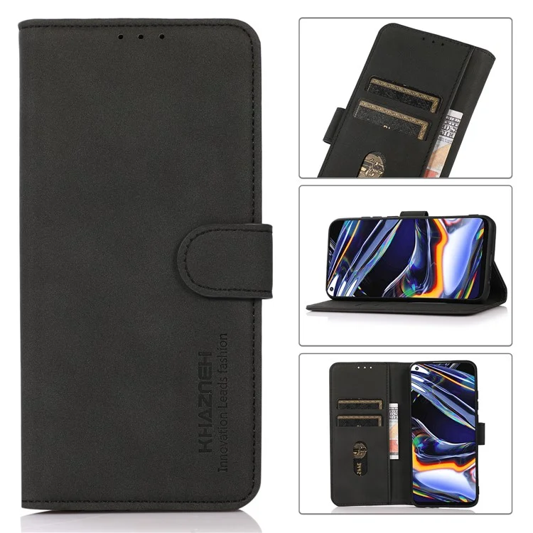 KHAZNEH Drop-proof PU Leather Phone Wallet Cover Case with Stand for Samsung Galaxy M32 (Global Version) - Black