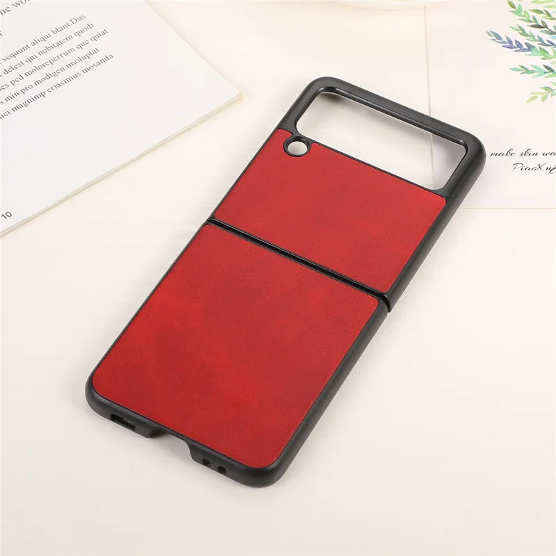 Lightweight Hybrid PU Leather Cowhide Grain Hard PC Anti-Scratch Shook-Proof Bumper Case for Samsung Galaxy Z Flip3 5G - Red