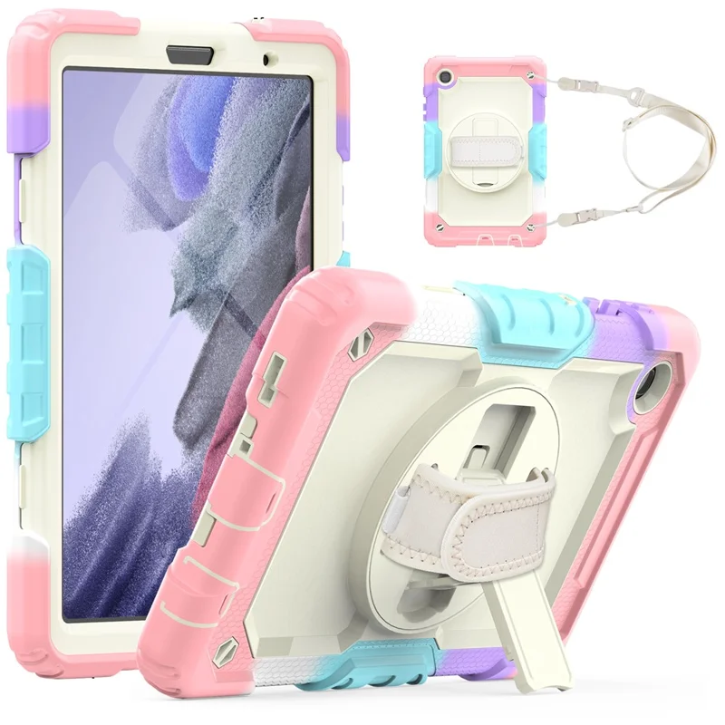 Full-Body Silicone + PC Rugged + PET Screen Protector Case with Kickstand Hand & Shoulder Strap Cover for Samsung Galaxy Tab A7 Lite 8.7-inch / SM-T220 (Wi-Fi) / SM-T225 (2021) - Pink Camo/Beige